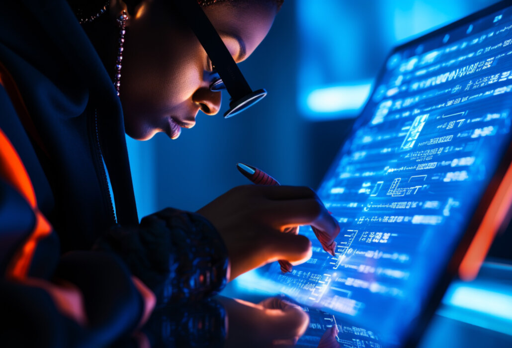 Eine Person mit Brille arbeitet konzentriert an einem futuristischen Touchscreen mit blauer und oranger Beleuchtung.